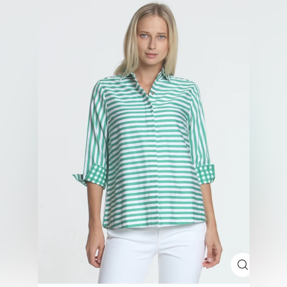 HINSON WU Xena Striped Gingham Plaid Button Down Blouse Green White Blouse Top